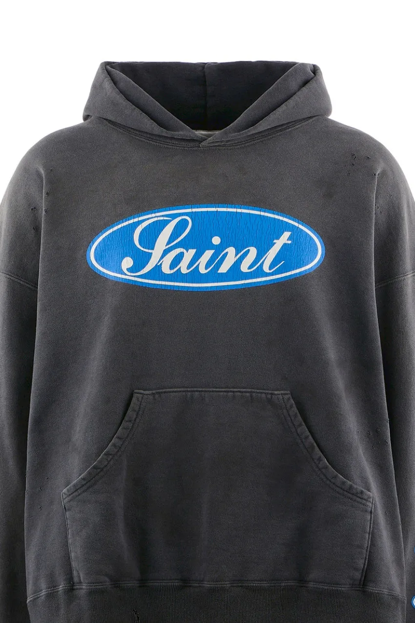SAINT Mxxxxxx HOODIE/LOVE AMONG/BLK blue SAINT barrage slogan hoodie, washed black S-XL, the latest version, revised many times, the version is closer to the original version, and the street flavor is stronger! Heavy washing with water-sprayed fading process for stronger distressing effect. Handmade wormhole destruction treatment. Authentic level extreme distressed crack printing. The main mark and wash mark are all correct versions.